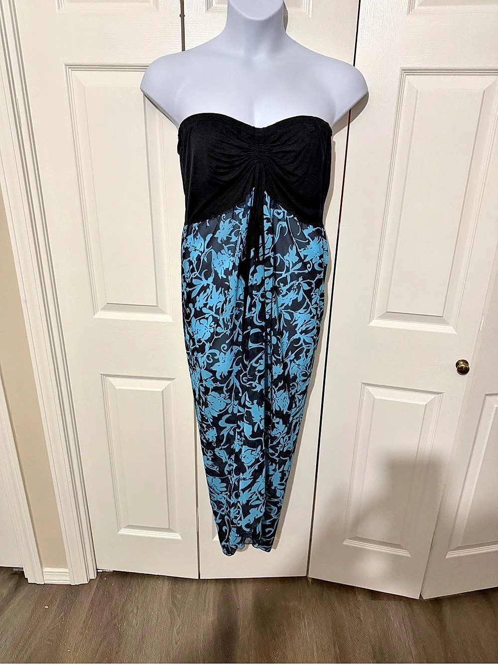 Strapless Floral Maxi Dress coverup in Black & Blue L/XL